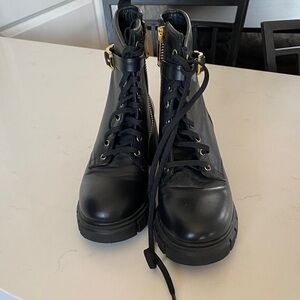 Thursday brand Black Leather Lace-Up Boots with Gold Accents